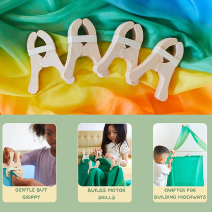 Sarah's Silks 4 Pack of Wooden Play Clips for Kids | Montessori and Waldorf Toys for Fort Building, Imaginative, and Pretend Play