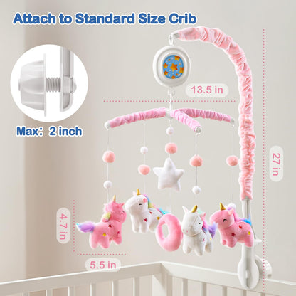 Unicorn Baby Crib Mobile for Girls with Music Box (100+ Lullabies), Rotating Plush Crib Toys for Newborns, Infant, Baby Shower Gift