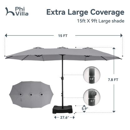 PHI VILLA 15ft Large Patio Umbrellas with Base, Outdoor Double-Sided Rectangle Market Umbrella for Pool Lawn Garden, Light Gray