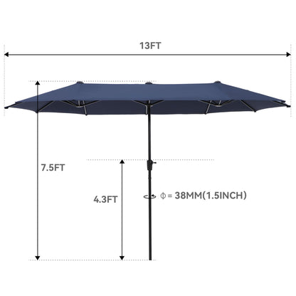GREEN PARTY 13ft Rectangle Patio Umbrella, Double Sided Outdoor Table Umbrella with Crank & 1.5" Pole, Large Market Umbrella for Poolside Garden Deck Backyard, Navy Blue