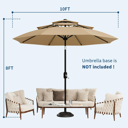 Garvee 10Ft 3-Tier Patio Umbrella, Outdoor Table Umbrella with Vents, Easy Crank and Push Button Tilt, Market Umbrella with 8 Sturdy Ribs for Pool, Deck, Yard, Garden -Tan