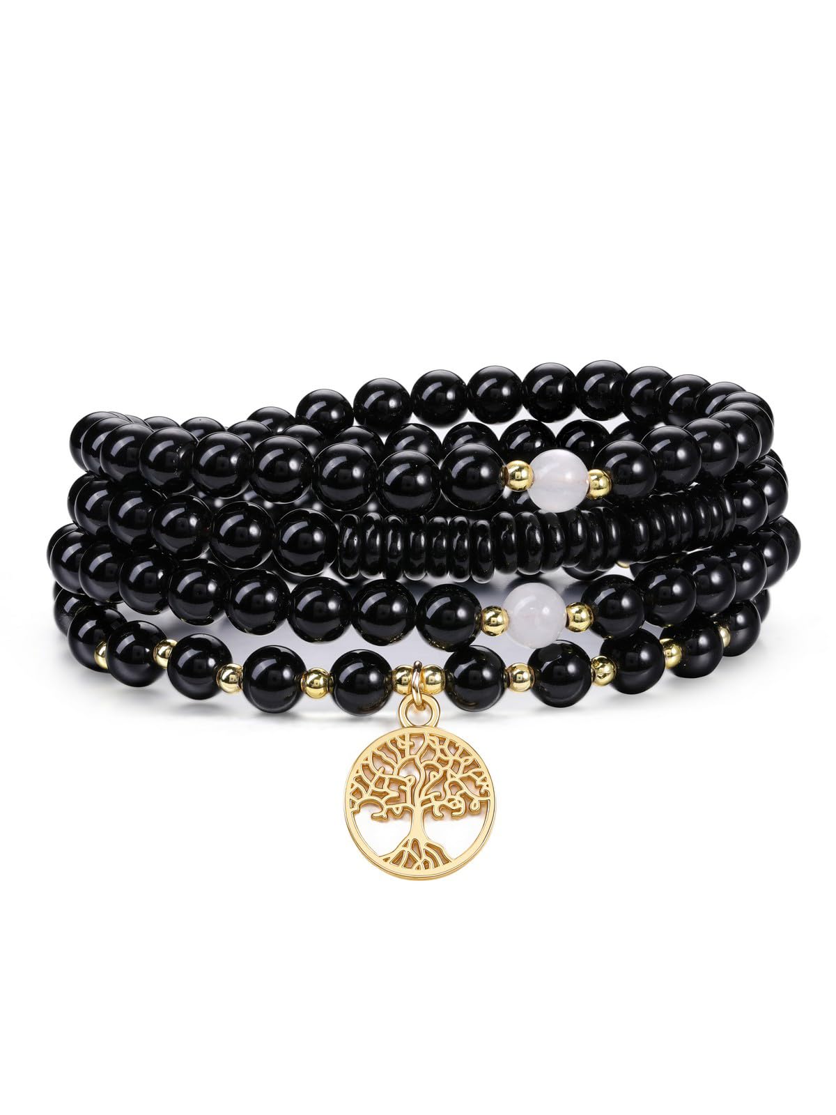 Jovivi 108 Mala Beads Bracelet Necklace, Natural Black Obsidian Healing Crystal Stones Prayer Beads Yoga Meditation Gemstone Necklace Gold Copper Tree Life Pendant