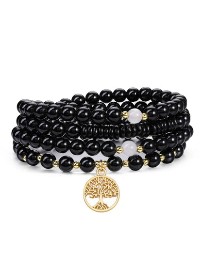 Jovivi 108 Mala Beads Bracelet Necklace, Natural Black Obsidian Healing Crystal Stones Prayer Beads Yoga Meditation Gemstone Necklace Gold Copper Tree Life Pendant