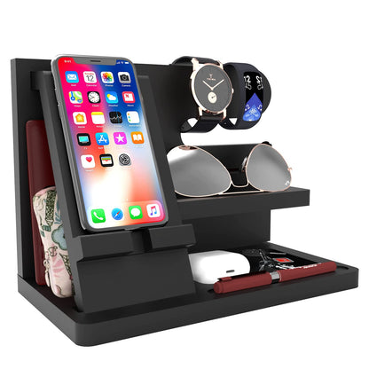 Iswabard Gifts for Men Wood Phone Docking Station Birthday Gift for Men Valentines Day Gifts Father Gift for Him Boyfriend Nightstand Organizer Desktop Phone Stand Black