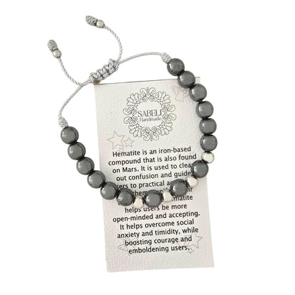 Sabeli Handmade Bracelets Real Natural Stones Healing Protection Focus 8mm Bead Adjustable Macrame Women Men Gemstone Gift (Hematite)
