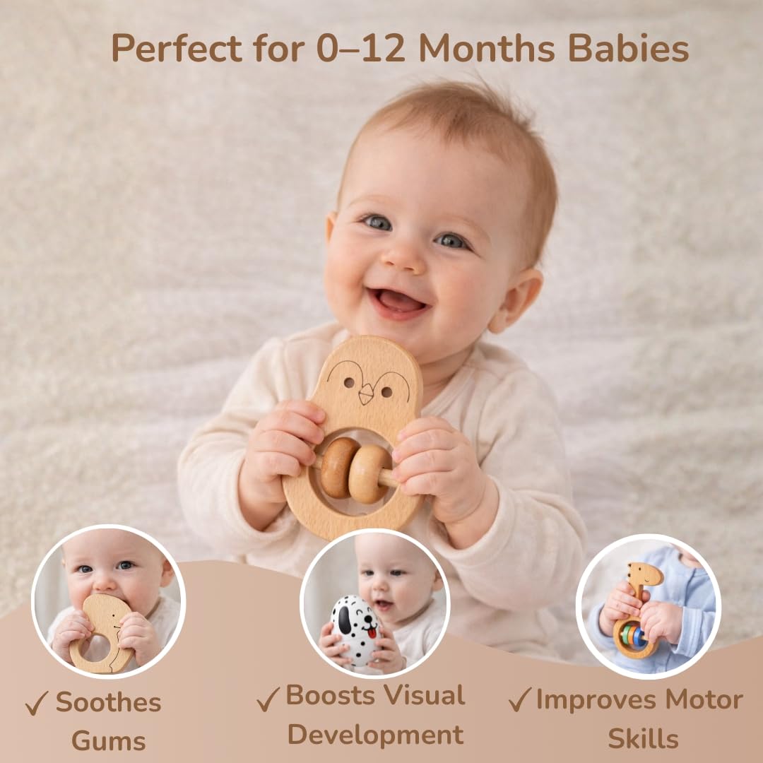 Voofy Wooden Baby Rattle Set (5pcs) – Montessori Infant Grasping Toys for 0-12 Months, Natural Non-Toxic Sensory Development Toy, Eco-Friendly Shaker Organic Baby Shower Gift for Boys & Girls