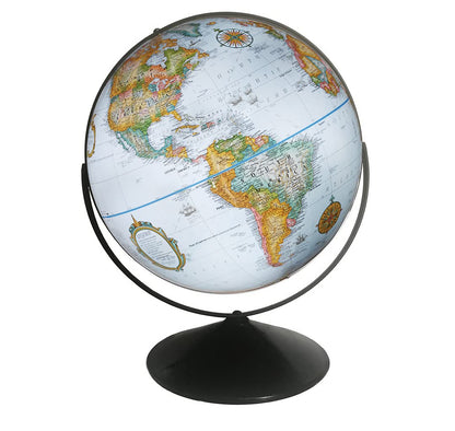 Replogle Eureka 16 inch desktop globe with up to date blue raised relief map and full swing gyromatic assembly. The beautiful blue ocean product has vast amounts of up-to-date information will pique the interest of any geographical connoisseur of all ages