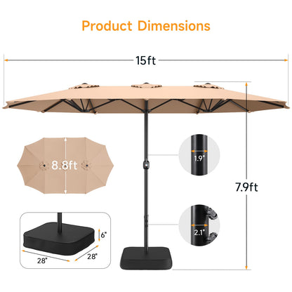 ONBRILL 15ft Patio Umbrella with Base Included, Extra Large Shade Area, Double Sided Rectangle with Crank Handle for Poolside, Garden, Yard, Beige