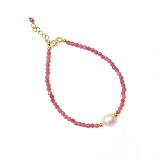 A&M Gems 2.5-3 mm Natural Rhodochrosite Round Faceted Beaded Bracelet with Pearl Crystal Jewelry, Brass Gold Plated Bracelet, 1-Inch Adjustable Chain, Handmade Bracelet, 7-Inch, Gifts for Women
