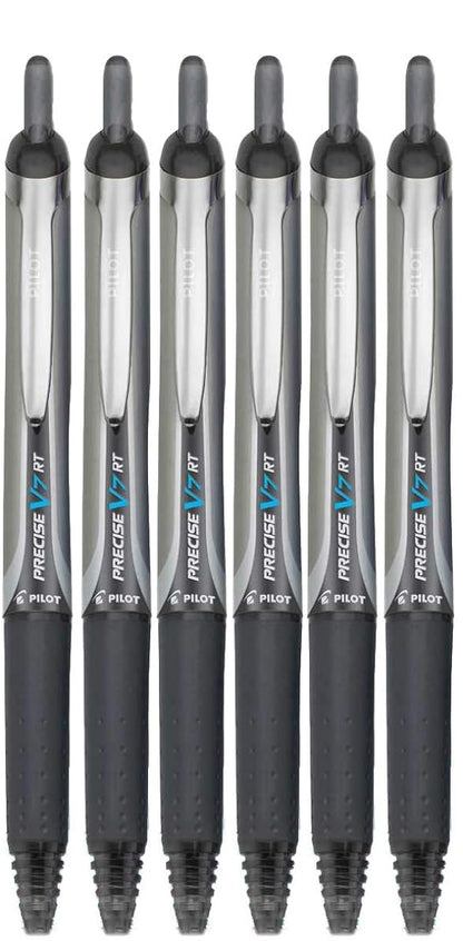 Advantage Gifts Precise V7 RT Retractable Rolling Ball Pens, Fine Point (.7mm), Black Ink, 6-pk; Premium Comfort Grip, Bundle with Plastic Reusable Pouch