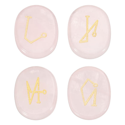 MECCANIXITY 4Pcs Engraved Chakra Stones with Reiki Symbols, Rose Quartz Reiki Healing Crystal Gemstone 7 Chakra Crystal Stones Tumbled Palm Stone for Anxiety Relieve