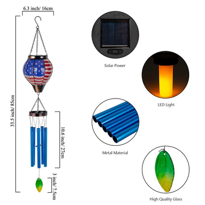 Solar Wind Chimes for Outdide,American Flag Solar Hot Air Balloon Wind Chime with Flame Flickering Light,Glass Windchimes with 5 Thicken Tubes,4th of July Decorations for Garden