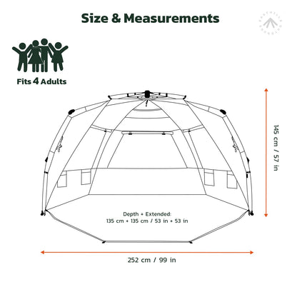 Easthills Outdoors Instant Shader Deluxe XL Beach Tent Easy Up 99" Wide for 4-6 Person Sun Shelter - Extended Zippered Porch Included Beige