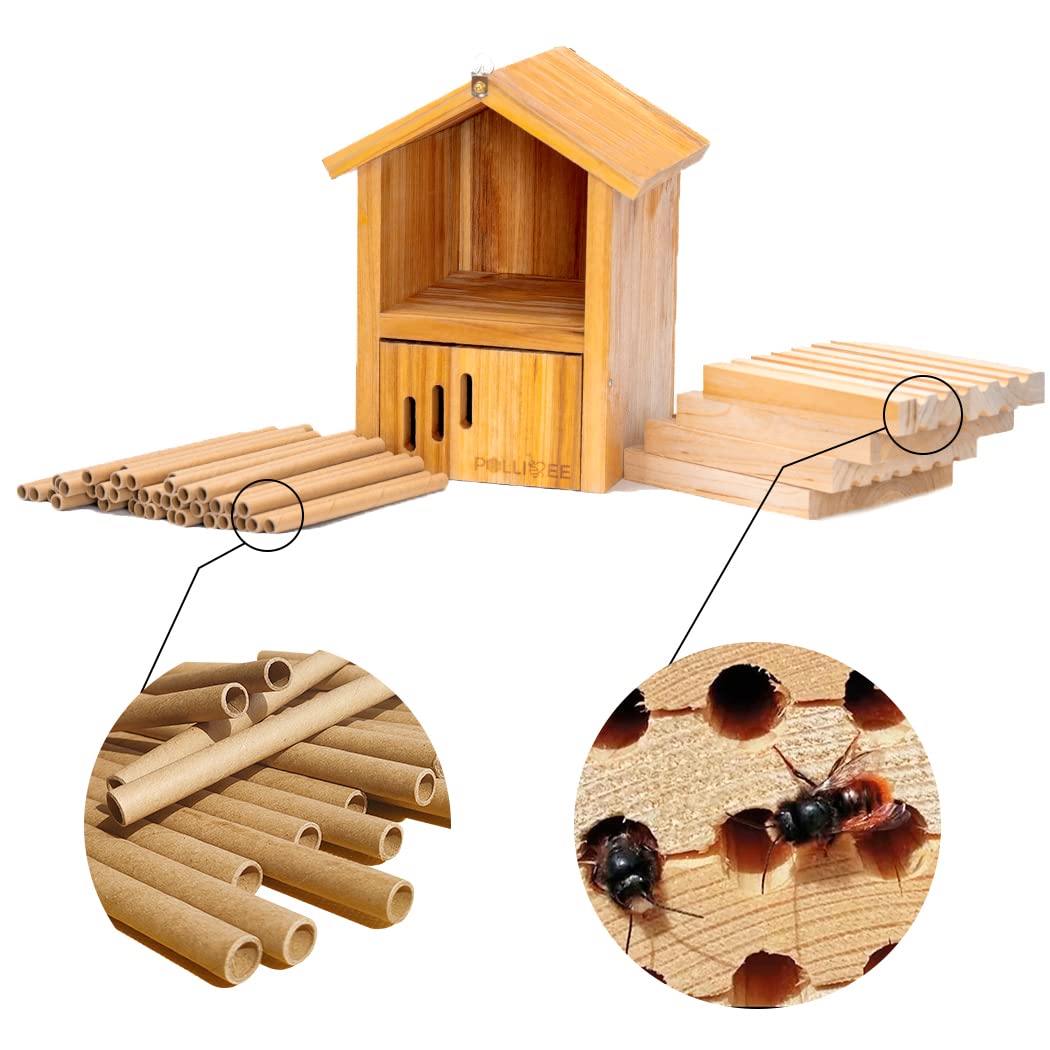 Mason Bee House -Wax Coated Mason House for The Garden, Natural Handmade Wooden Waterproof Mason Home, Attracts Peaceful Bee Pollinators,Native Mason Bee Habitat