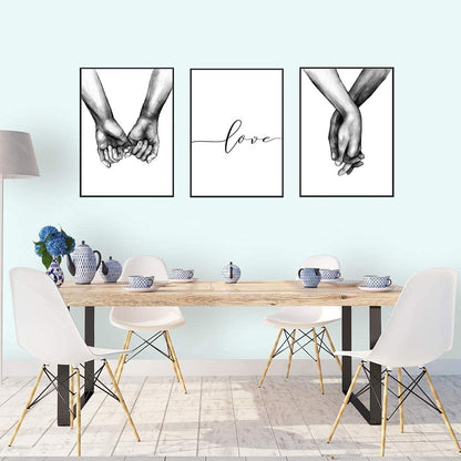 Kiddale 16"x20" Love and Hand in Hand Wall Art Canvas Print Poster,Simple Fashion Black and White Couples Sketch Art Line Drawing Decor for Home Living Room Bedroom Office(Set of 3 Unframed)