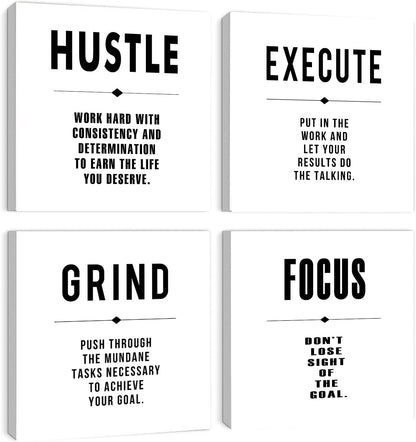 Hustle Execute Grind Focus White Motivational Canvas Wall Art,Abstract Inspirational Office Quotes Paintings Framed Wall Art for Living Room Bedroom Dinning Room Home Decor-12 x12 x4pcs