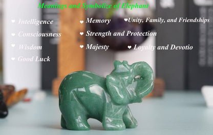 2" Green Aventurine Elephant Decor Healing Crystal Cute Polished Natural Stone Hand-Carved Sculpture Statue Figurines Gemstone Energy Hippie Home Room Office Desk Decoration Gifts for Women Men