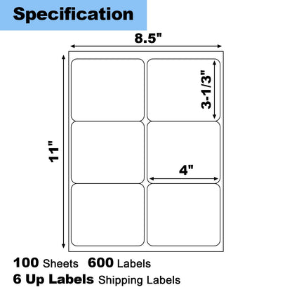 Risepekt 600 Pcs 6 Up Labels,4" x 3-1/3" Shipping Address Labels for Laser & Inkjet and Copier Printer, 100 Sheets 6 Labels per Page Sheets Blank Mailing Labels, 6 per Sheet Barcode Labels Sticker
