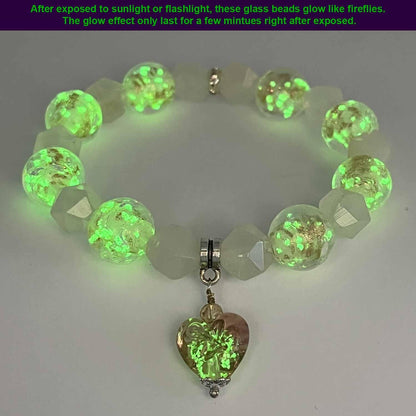 ARTSY Crafts Glow in the Dark Glass Beads with Natural Gemstone Beads Charm Bracelets, Crystal Healing Stones Firefly Beads Bracelet for Men Women Love Calming Anxiety Chakra Spiritual Gifts, Quartz