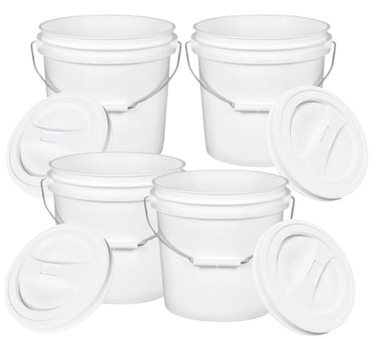 House Naturals 2 Gallon White Food Grade BPA Gree Bucket with Lid - Pack of 4 - Made in USA