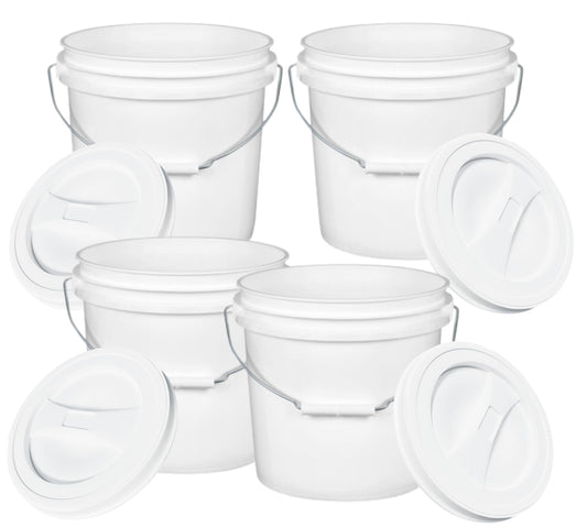 House Naturals 2 Gallon White Food Grade BPA Gree Bucket with Lid - Pack of 4 - Made in USA
