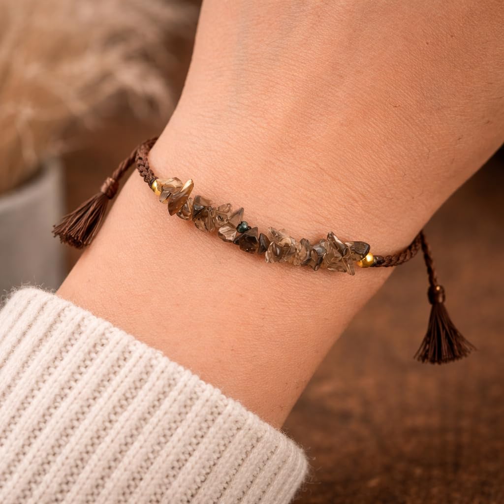 NJCRAFT Natural Smoky Quartz Chips Bracelet for Women | Smoky Quartz Gemstone Chip Adjustable Braided Bracelet (Approx. 6 Carat) | Handmade Slider Rope Bracelet 6+4 Inch | Minimalist Jewelry Gift