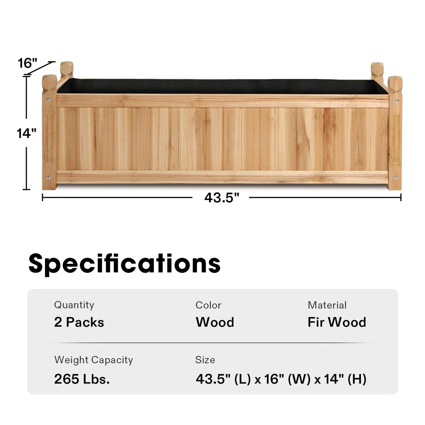 VIVOSUN 3.6 x 1.3Ft Wooden Raised Garden Bed, 43.5 x 16 x 14 Inches, Outdoor Wood Planter Box with Screwdriver and a Liner for Garden, Patio, Balcony, Backyard and Outdoors, 2Pcs