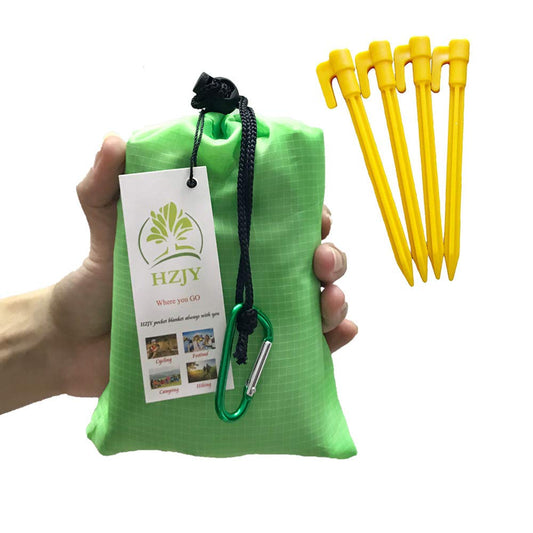HZJOYUE Pocket Blanket 71"x55", Lightweight Compact Sandproof Waterproof Outdoor Blanket for Beach, Hiking, Camping, Travel, Festivals, Picnic with Pockets, Loops, Stakes, Carabiner