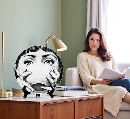 AlphaDesignLuxe 10" Italian-Style Decorative Plate – Modern Art Face Design, Handcrafted Ceramic Platter for Tabletop or Wall Display (Tea Cup)