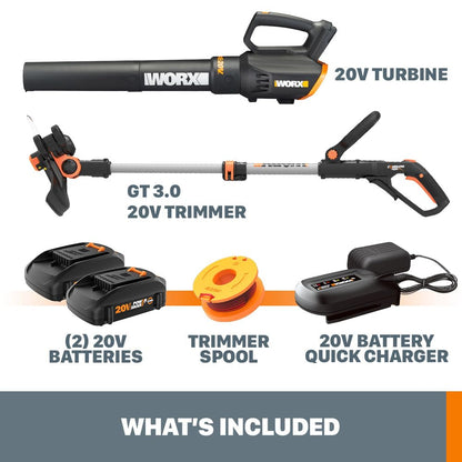 WORX 20V 12'' Cordless String Trimmer & 360 CFM Leaf Blower Combo, 2 Batteries & Charger Included, WG928
