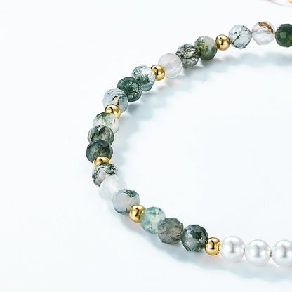 IPEPPY 925 Sterling Silver Pearl Bracelets for Women Gold Natural Moss Agate Green Gemstone Bead Crystal Healing Bracelet Yoga Meditation Chakra Emerald Stone Bracelet Jewelry Gifts for Mom (Gold)