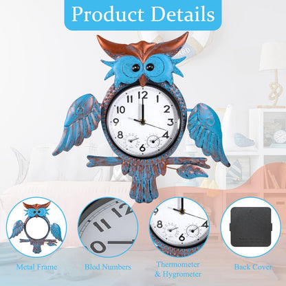 HOBYLUBY Outdoor Clock Silent Non-Ticking, Outdoor Wall Clocks with Thermometer & Humidity, Quartz Clocks Waterproof Decor for Patio Garden Living Room（Blue Owl）