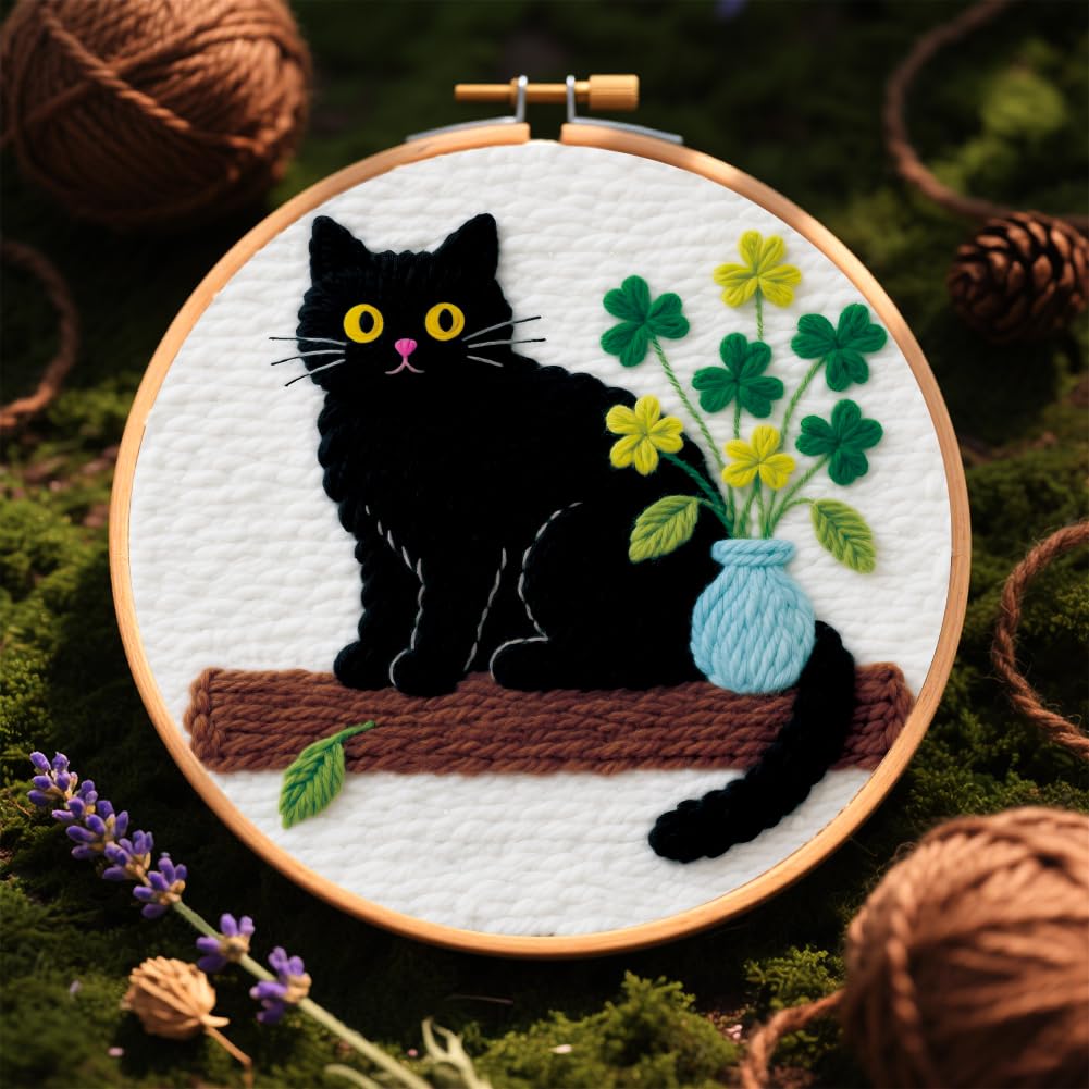 BEUNITONE 2PCS Cat Punch Needle Kit for Adults Beginners, Complete Craft Embroidery Needlepoint Kits with Hoop and Instructions, Punch Needle Starter Craft Set for Home Decor, Festival Gift 20x20cm