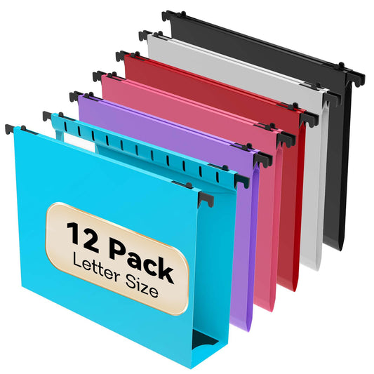 Nordun Extra Capacity Plastic Hanging File Folder Letter Size,12 Pack Reinforced Hang Folders with Heavy Duty 2 Inch Expansion, Durable Hanging Organizer Designed for Bulky Files, Assorted Colors