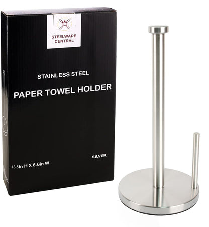 Steelware Central Paper Towel Holder with Side Rod, Stainless Steel, Easy Tear Dispenser for Home Kitchen Countertop Tabletop (Silver)