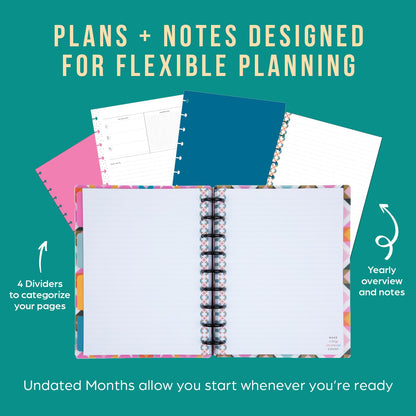 Happy Planner Undated Plans + Notes Monthly Planner Notebook Journal, 4-Month Planner, Homespun Theme, Classic Size, 95 Pages, 4 Dividers, 12 Planner Sticker Sheets, 7" x 9 3/4"