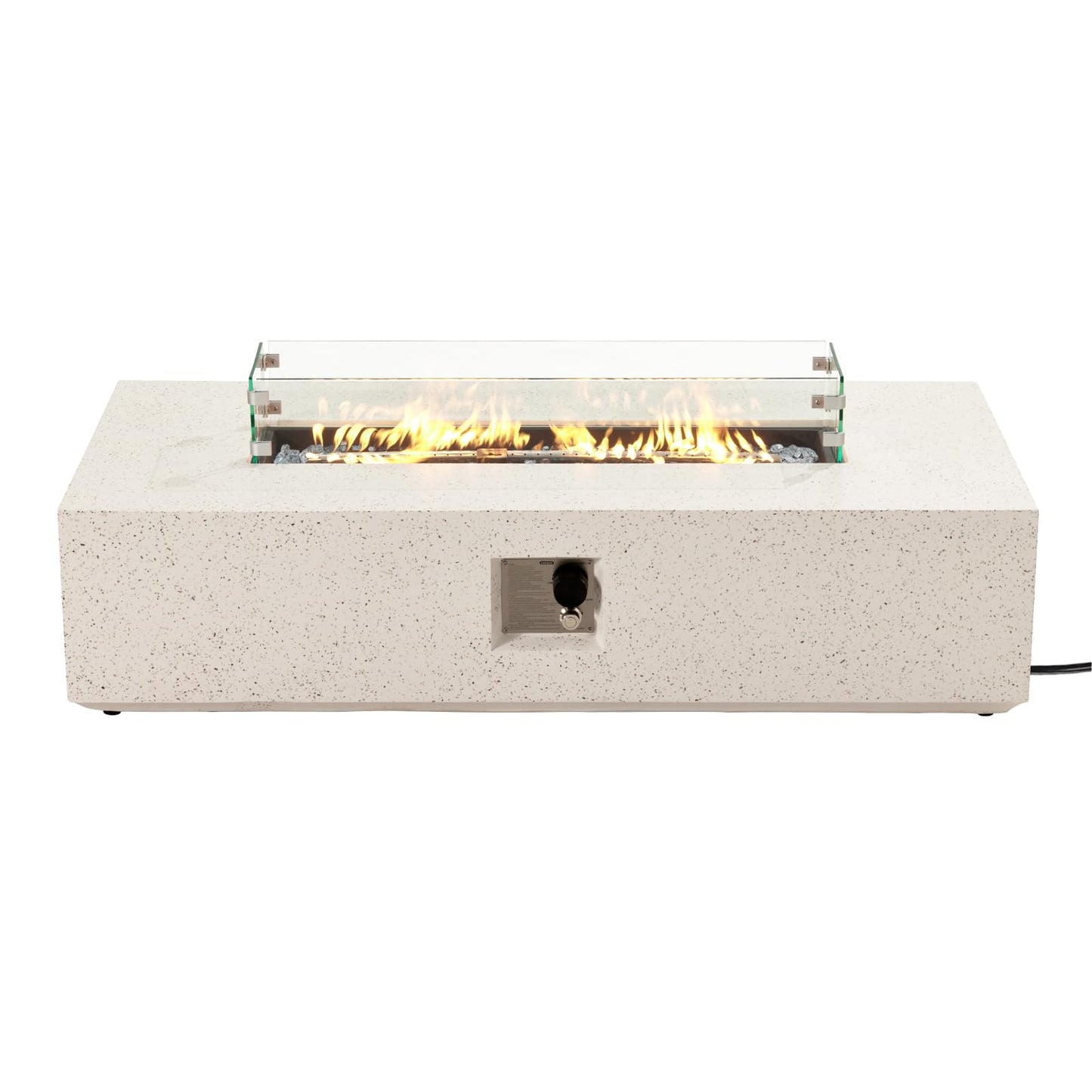 COSIEST Outdoor Propane Fire Pit Table, 56" x 28" Rectangle Terrazzo White Concrete-Like Finish, Certified, 50,000 BTU Stainless Steel Burner w Transparent Gray Fire Glass, Wind Guard, Raincover