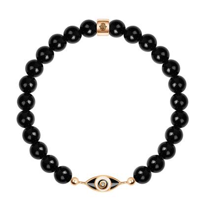 KARMA AND LUCK - Expanding Consciousness - Women's Real Onyx Gemstones 925 Sterling Silver - 18K Gold Plated Black Enamel Diamond Chip Evil Eye Charm Stretch Bracelet, Gift for Her