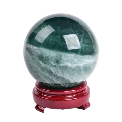 JIC Gem Natural Green Fluorite Quartz Crystal Ball Sphere Healing Crystal Sphere Decorative Ball with Wooden Stand Home Decoration Christmas Day Gifts (70-80mm)
