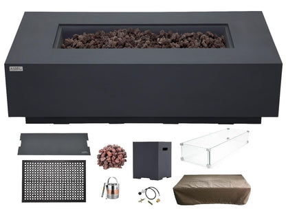 AMS Creations | Madison 60" Bundle Rectangular Propane Gas Outdoor Fire Pit Table | Dark Gray Concrete GFRC | Smooth Texture or Surface | Electronic Ignition | Outside Backyard Fireplace