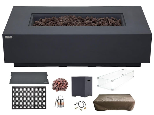 AMS Creations | Madison 60" Bundle Rectangular Propane Gas Outdoor Fire Pit Table | Dark Gray Concrete GFRC | Smooth Texture or Surface | Electronic Ignition | Outside Backyard Fireplace