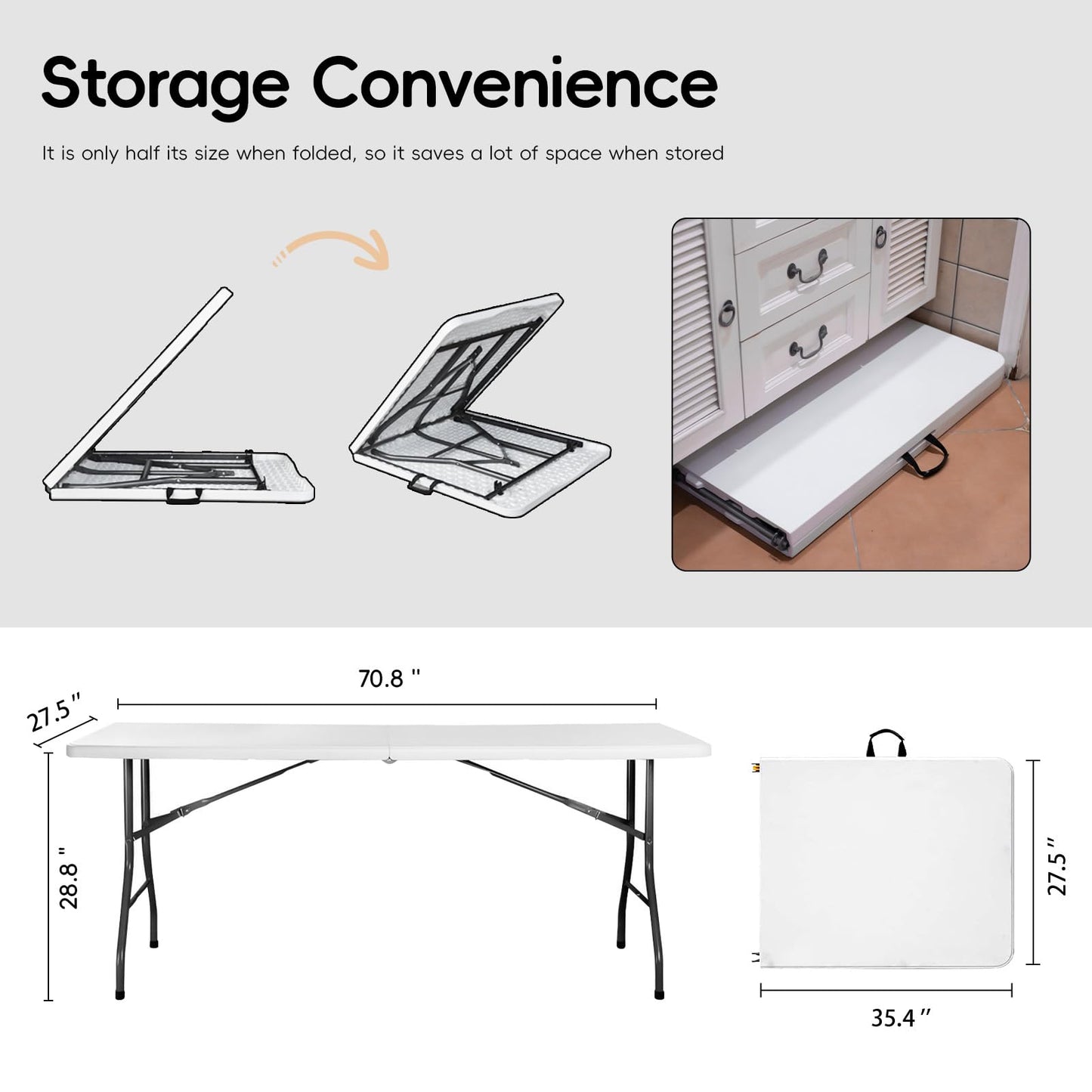 pollilar 6FT Folding Table Plastic 6 Foot Foldable Table HDPE Portable Banquet Surface Fold-in-Half Desk Utility for Working Meeting,Parties, Picnic, Camping, Weddings, Catering, Garden Dining-White