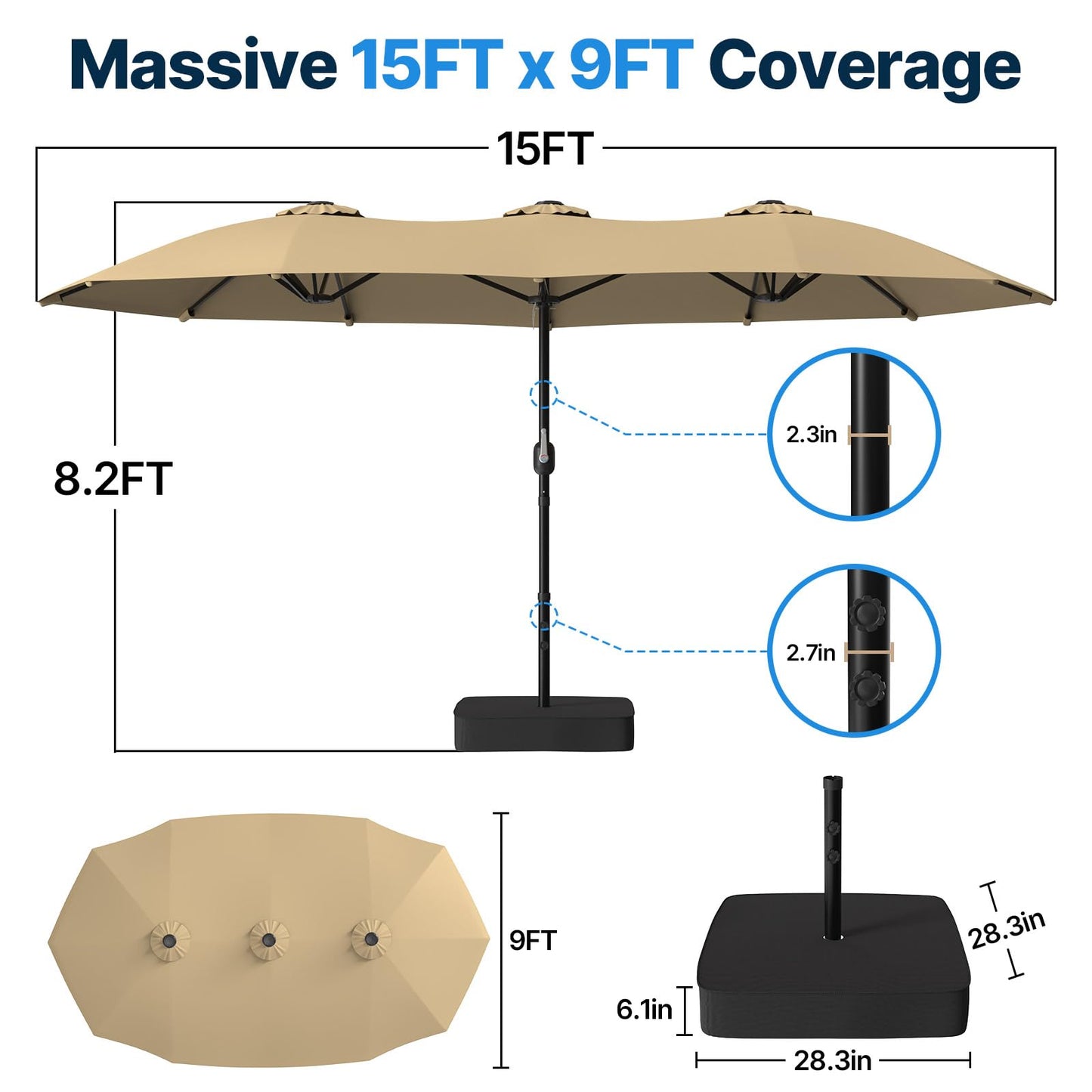 Suteck 15x9 ft Patio Umbrella with Base Included, Double-Sided Rectangle Outdoor Large Umbrella with Crank Handle, UV & Fade Resistant Canopy for Poolside, Backyard, Deck and Market, Beige