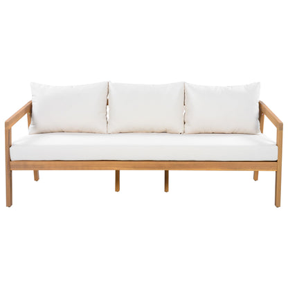 Christopher Knight Home Sures 5-Seater Patio Furniture Set with Removable Cushion, 4 Piece Outdoor Acacia Wood Conversation Set, Sold Wood Outdoor Sectional Sofa Set with Coffee Table, Natural+Beige