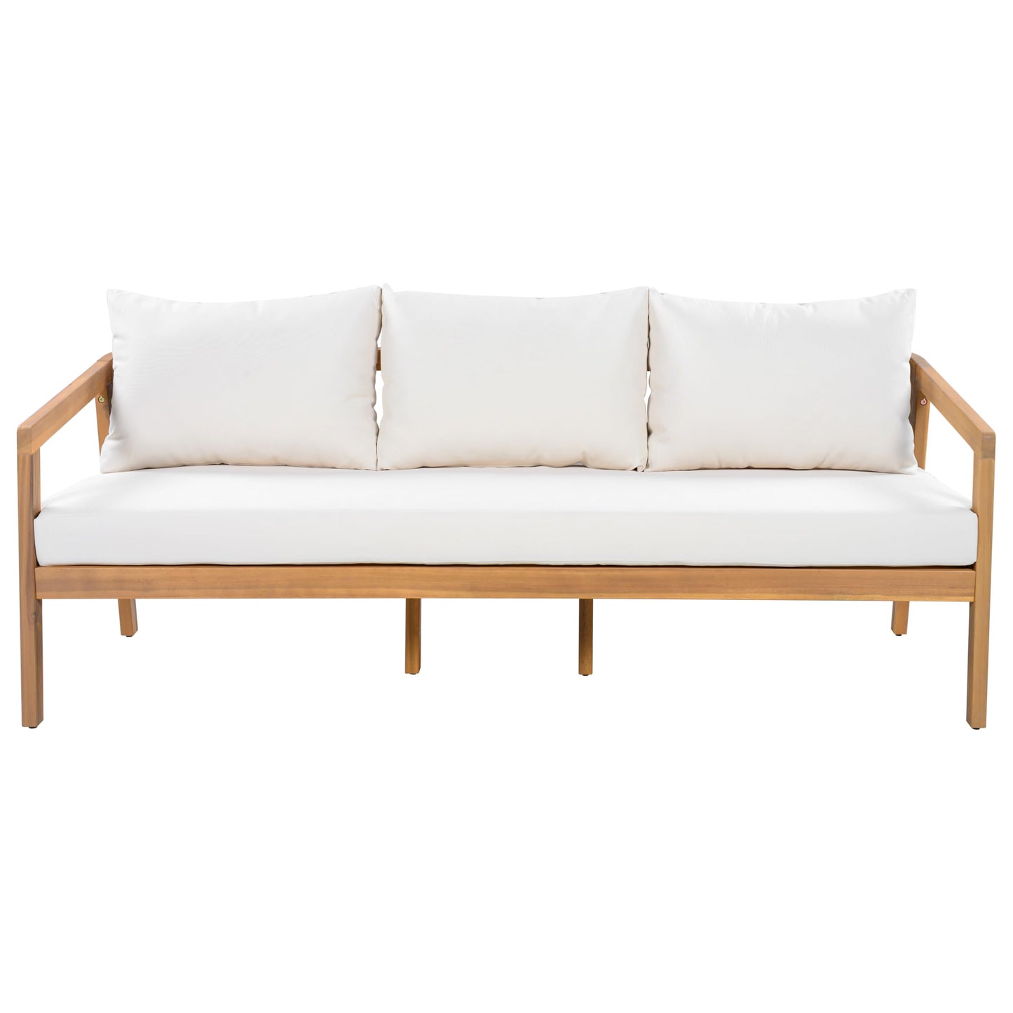 Christopher Knight Home Sures Acacia Wood Outdoor 3 Seater Sofa with Cushion, Solid Wood Patio Sofa with Removable Cushion, Comfy Lounge Sofa for Patio Furniture Set, Natural+Beige