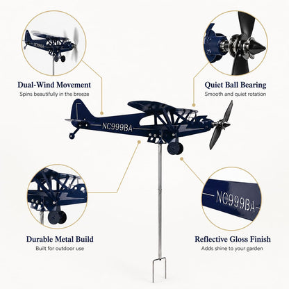 SDFRT Blue Airplane Weathervane, Kinetic Metal Wind Spinners for Yard and Garden, 3D Kinetic Wind Spinner Wind Catchers Sculpture, Airplane Weathervane Metal Wind Spinner (28 x 32 cm)
