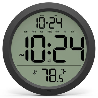 Digital Wall Clock with Date, Indoor Temperature, Auto-DST, Battery-Operated Digital Clock, 8 Inch Small Decorative Wall Clock for Bedroom, Living Room, Home, Kitchen, Office, Modern, Electric, Simple
