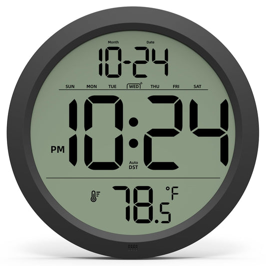 Digital Wall Clock with Date, Indoor Temperature, Auto-DST, Battery-Operated Digital Clock, 8 Inch Small Decorative Wall Clock for Bedroom, Living Room, Home, Kitchen, Office, Modern, Electric, Simple