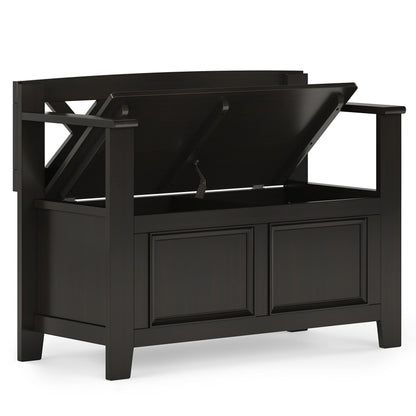 SIMPLIHOME Amherst Entryway Storage Bench - 36 inch Wide Solid Wood Hallway Bench in Hickory Brown, Transitional Bench for Entry or Mudroom with Lift-Up Lid, Storage Compartments and X-Back Detail
