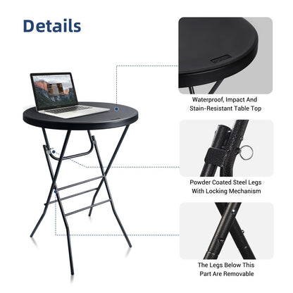 Byliable Cocktail Table 28in Folding Round High Top Indoor Outdoor with Removable Legs, Tall Bistro Foldable Bar Height Table for Parties, Patio, Backyard, Dining Room, Events, Black- 2PCS
